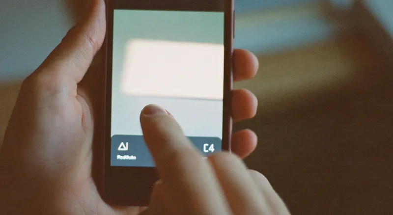 A thumb about to tap a phone screen showing a simple pale form, warm side light, blurred desk behind