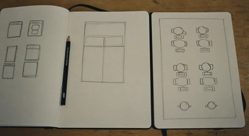Two open notebooks side by side on a plywood desk with rough pencil sketches of different page layouts