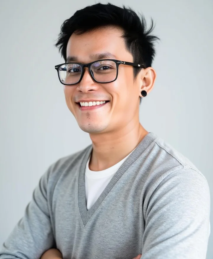 Charliemen Runa, solo full stack developer and senior digital marketing specialist, smiling in glasses and a grey sweater