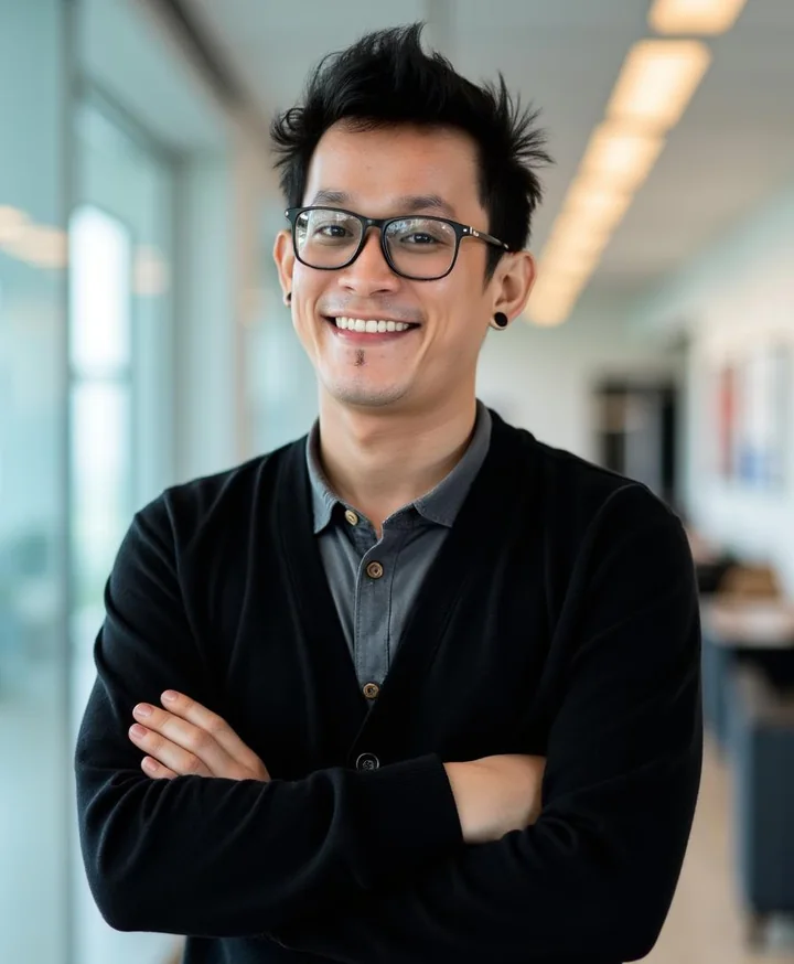 Charlie Runa, solo full stack developer and senior digital marketing specialist, arms folded and smiling in a bright office corridor