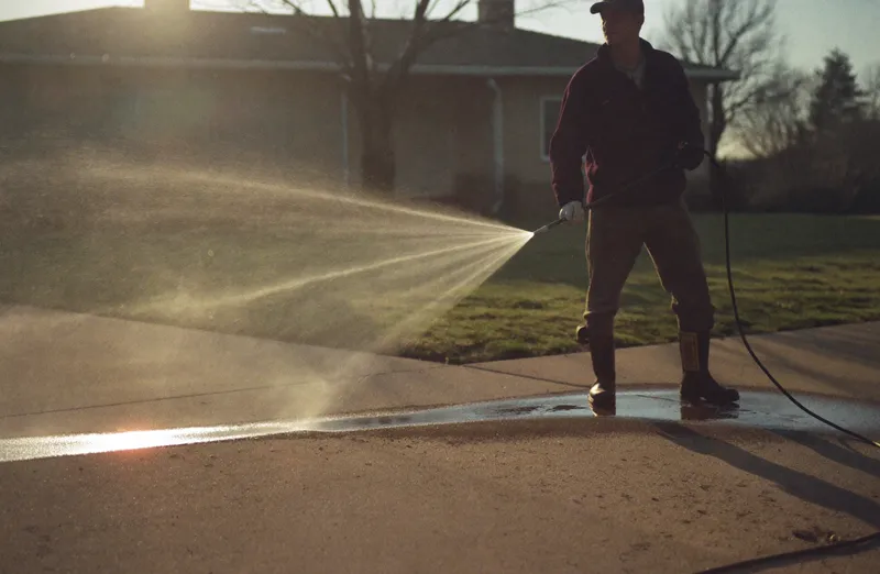 A worker pressure washing a residential concrete driveway, the spray backlit by low morning sun