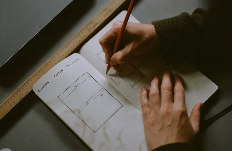 Hands sketching a page layout in pencil in a dot grid notebook beside a closed laptop