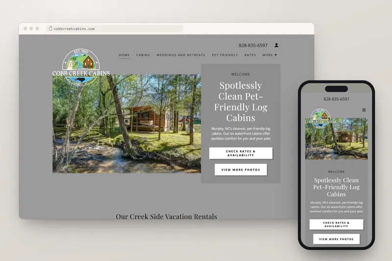 Cobb Creek Cabins website on desktop and phone
