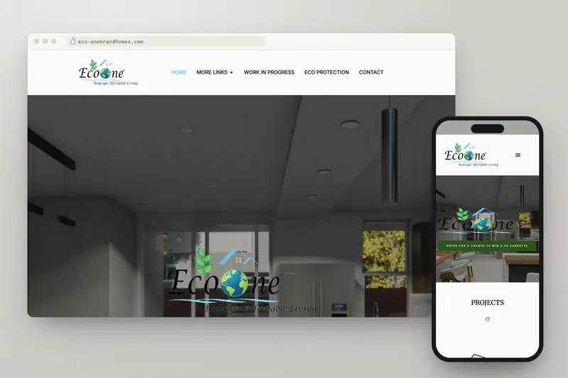 Eco One Brand Homes website on desktop and phone