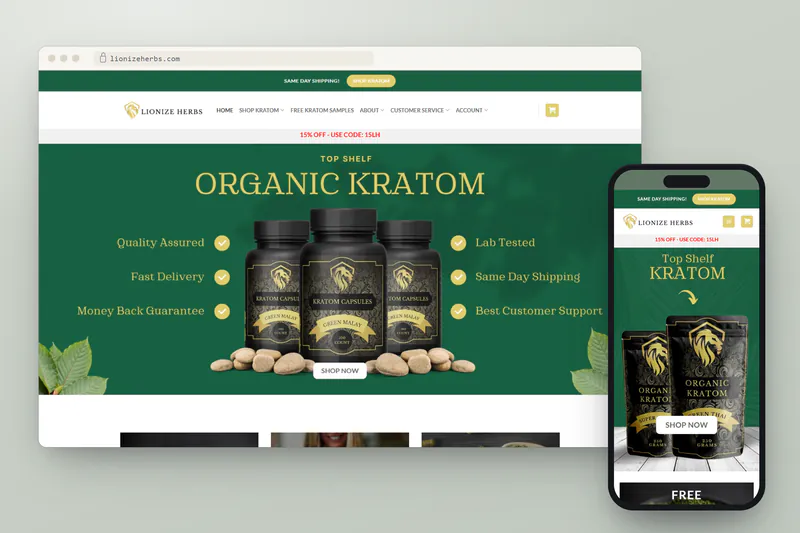 Lionize Herbs website on desktop and phone