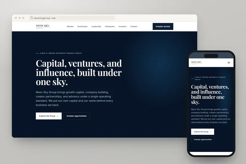 Neon Sky Group website on desktop and phone