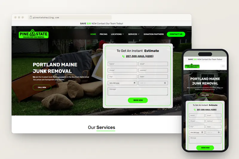 Pine State Hauling website on desktop and phone