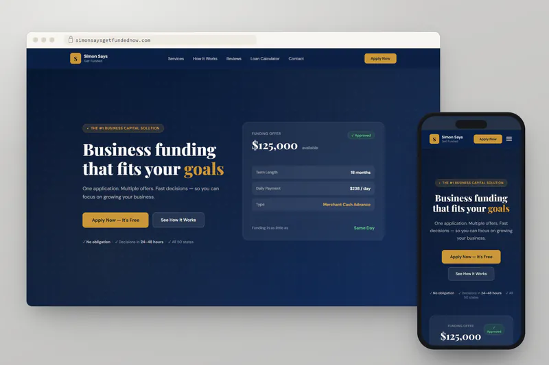 Simon Says Get Funded Now website on desktop and phone