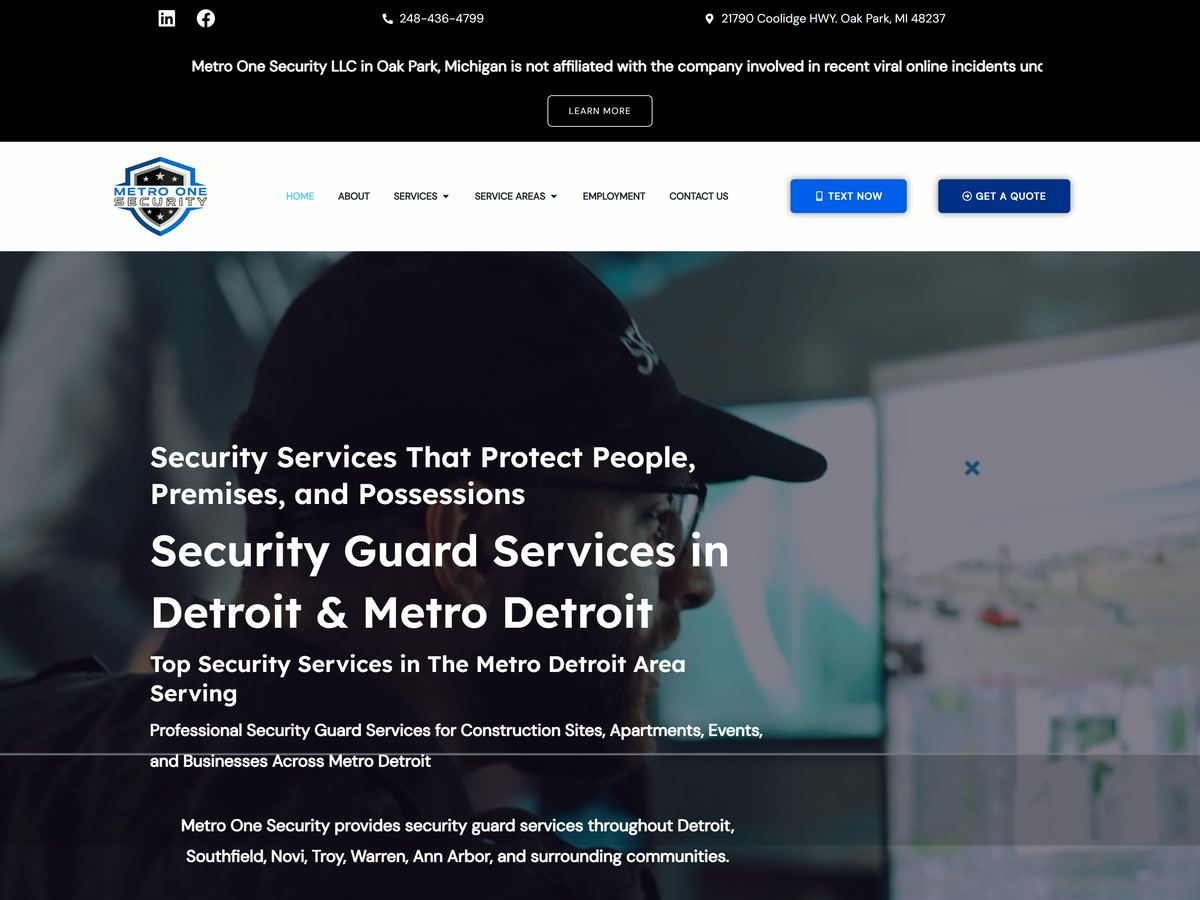 Metro One Security website designed and built by Charliez Digital